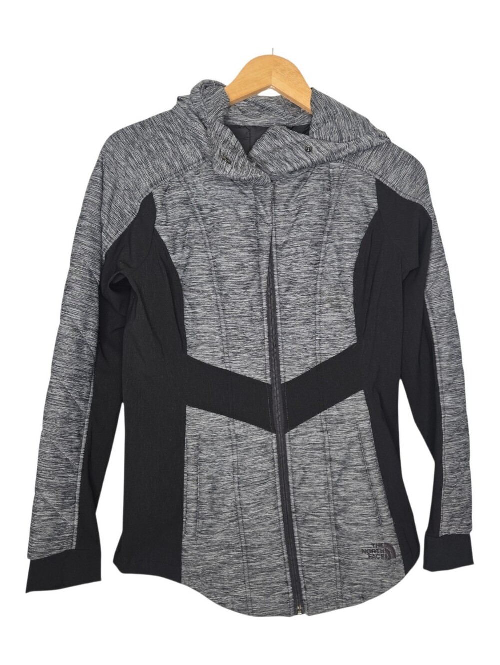 The North Face Womens Gray Black Quilted Pseudio Full Zip Hooded Jacket Medium